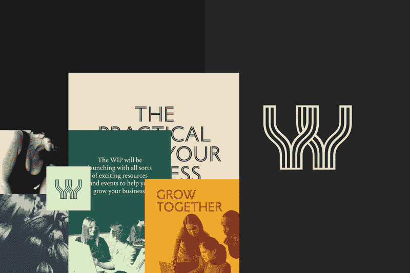 A collage made of various communications and images depicting The WIP's visual identity.